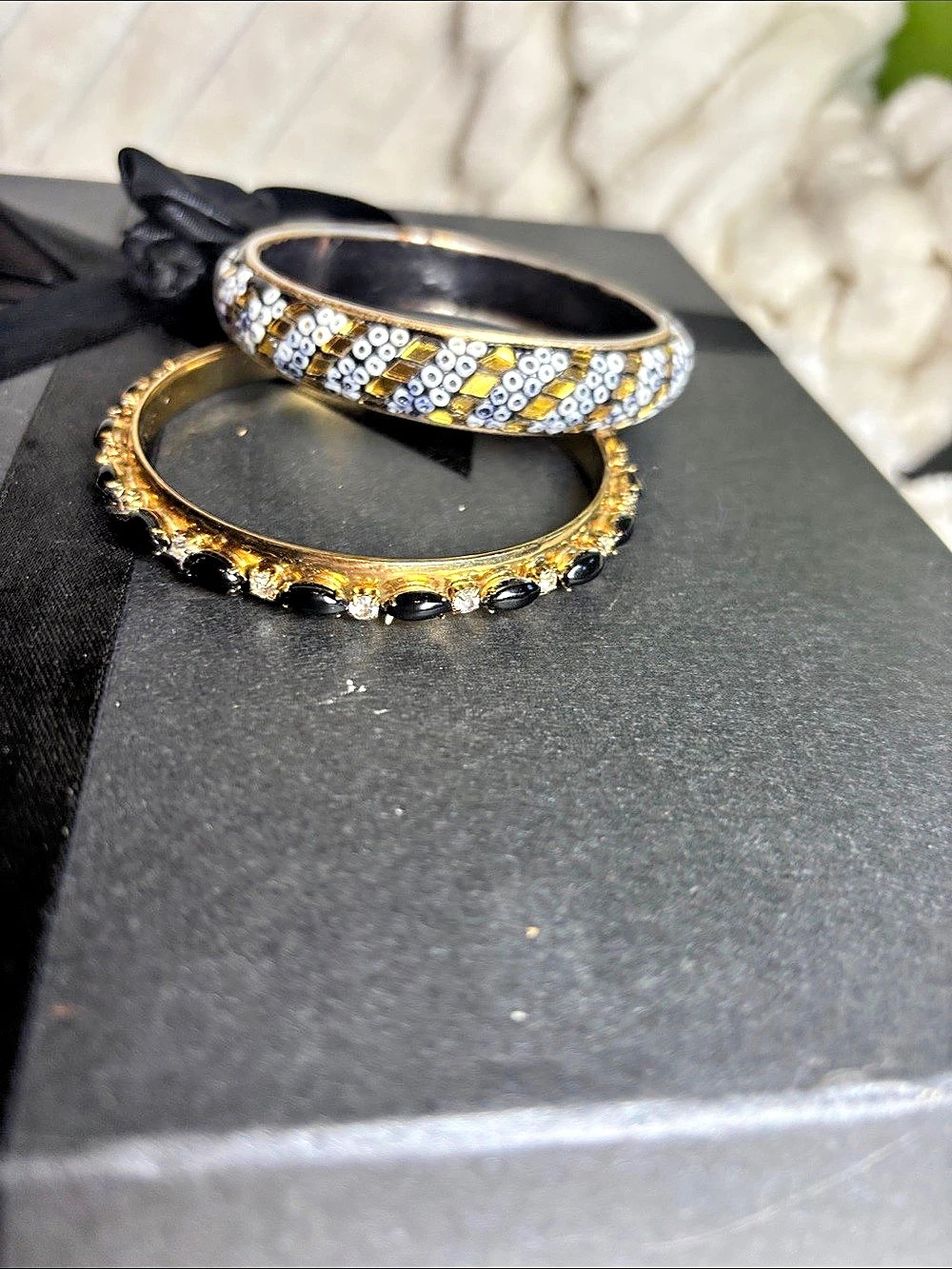 2 Bangle Bracelets Black & Gold Statement